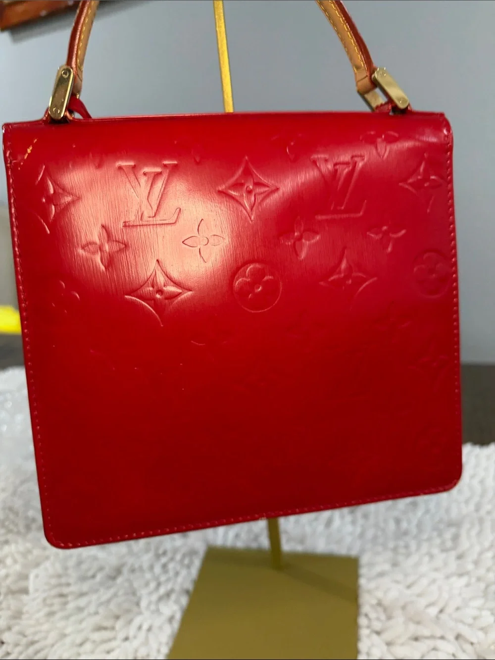 Louis Vuitton Red Vernis Satchel with Gold-Tone Lock